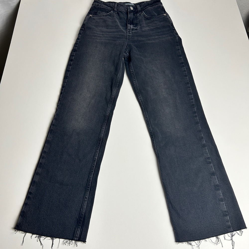 Zara Womens High Waisted Wide Leg Jeans Faded Black Raw Hem Size 0 US 25 Waist